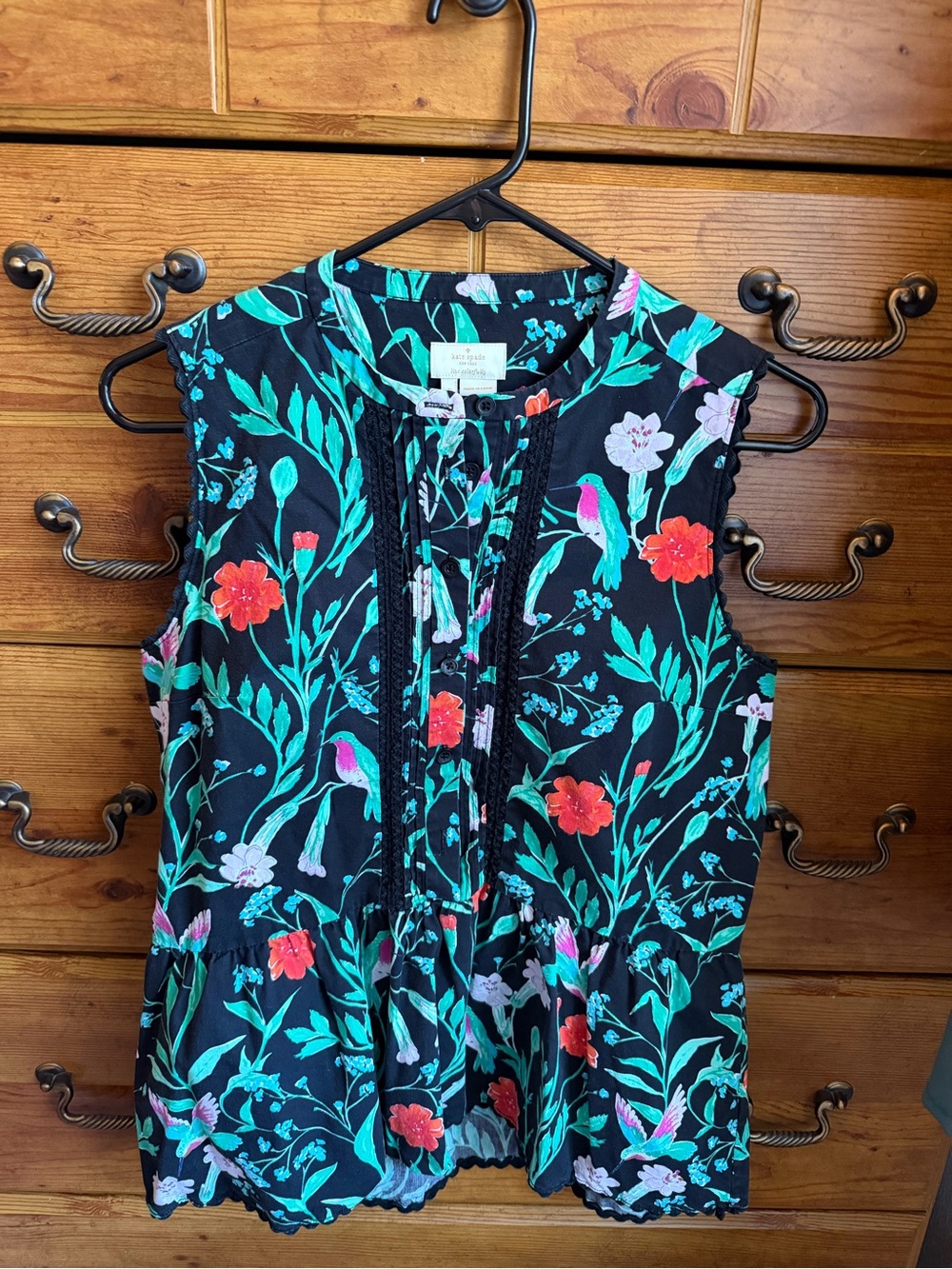Kate Spade Jardin poplin floral hummingbird sleeveless peplum top size S